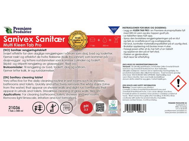 Etikett KLEEN Sanivex til sprayflaske