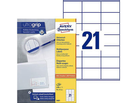 Etikett AVERY Ultragrip 70x41mm (2100)