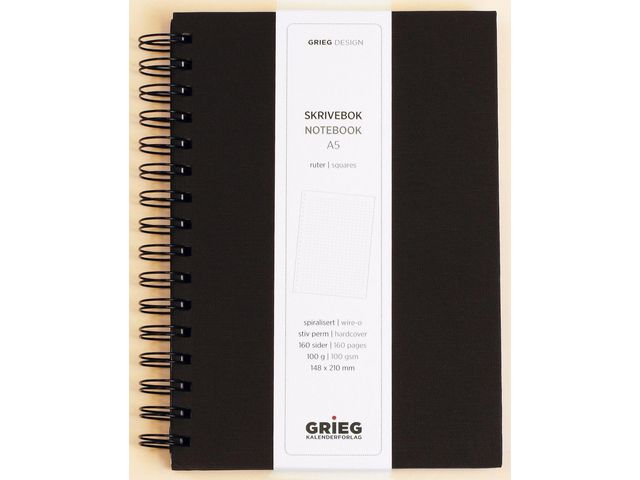 Notatbok GRIEG A5 100g 160s ruter sort