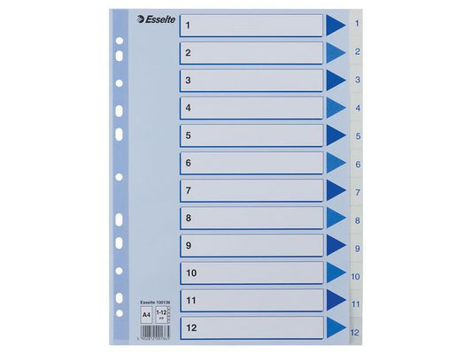 Register ESSELTE A4 plast 1-12 blå/hvit